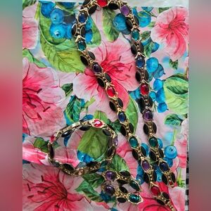 Elegant Multicolor Gemstone Necklace and Bracelet Set Vintage Cabachon Earrings